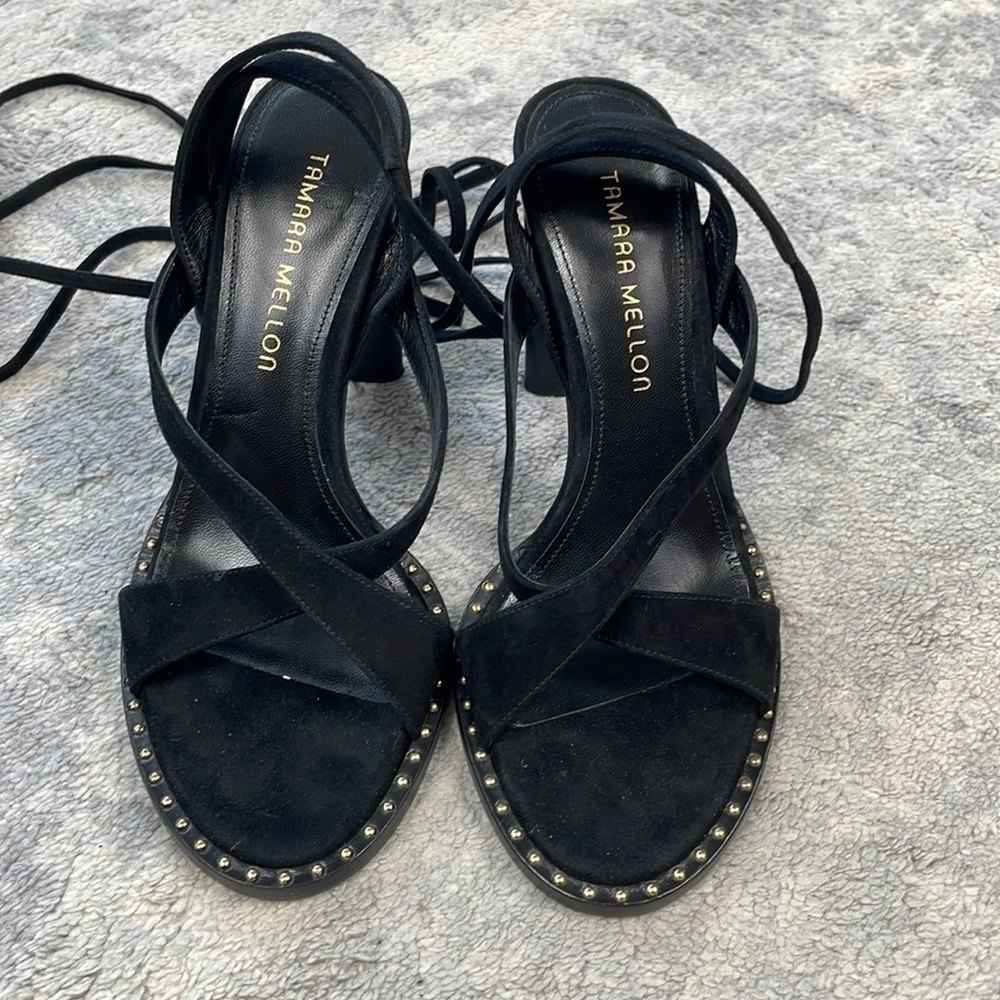 New Tamara Mellon Terra 100 Suede Studded Wrap Around Sandals Heels Black 38.5 - Picture 5 of 13